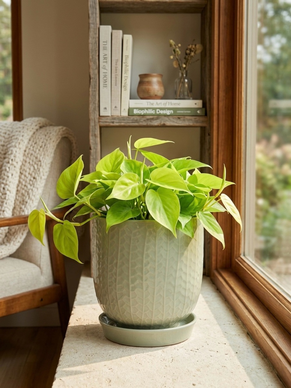 Sage Green Ceramic Planter with Attached Saucer, 7 Inch Textured Flower Pot